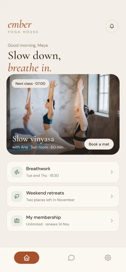 Yoga studio member app home screen