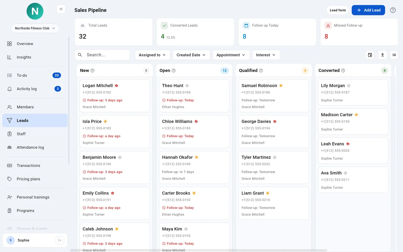 Sales pipeline in GYM360 on the web: new, open, qualified and converted leads