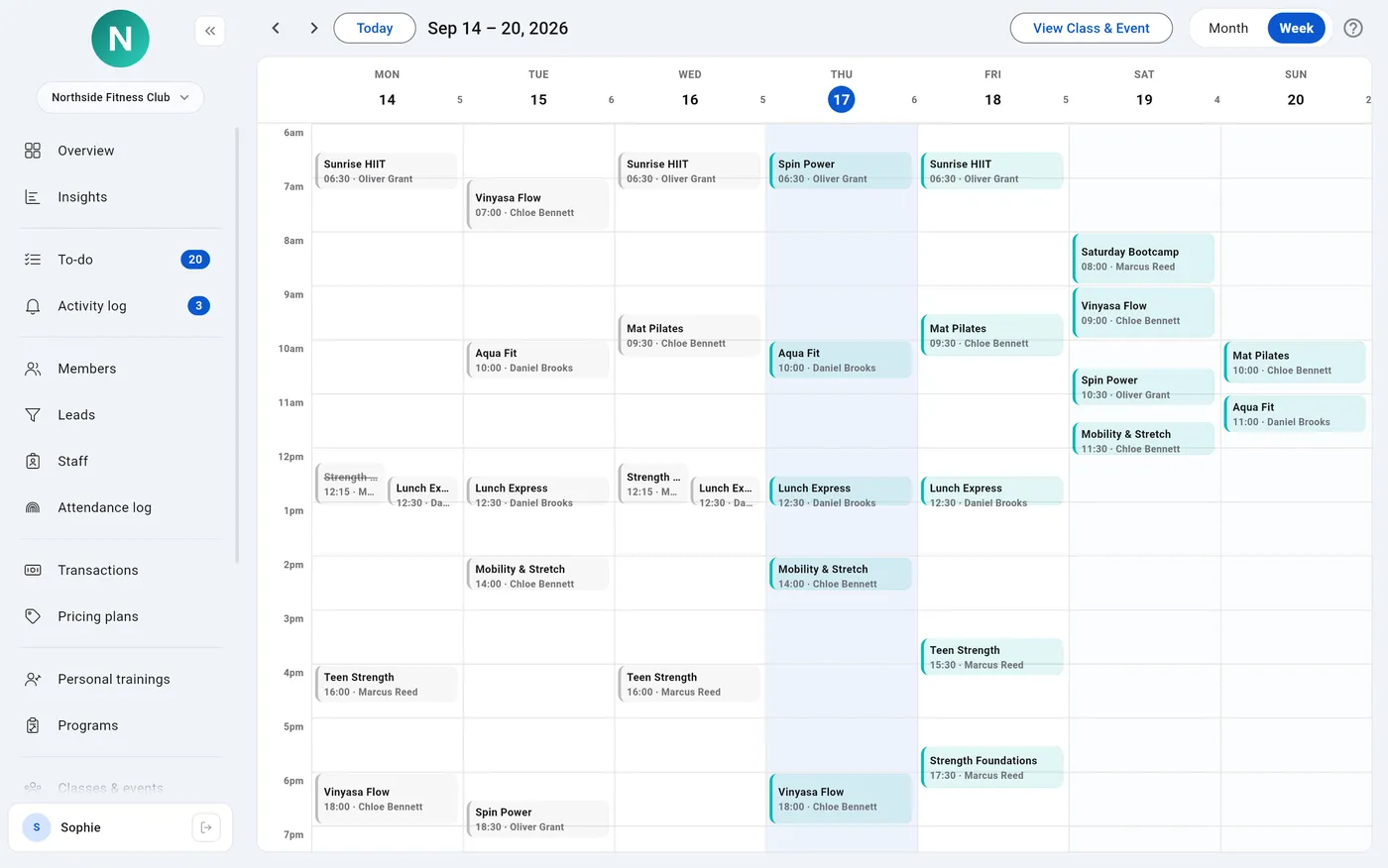Week timetable in GYM360 on the web